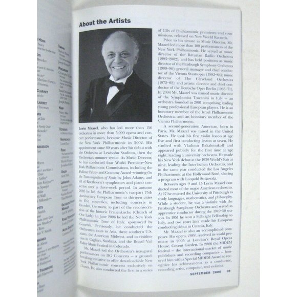 New York City Philharmonic Playbill September 2006 Ticket Maazel Heidi Murphy - Picture 10 of 11